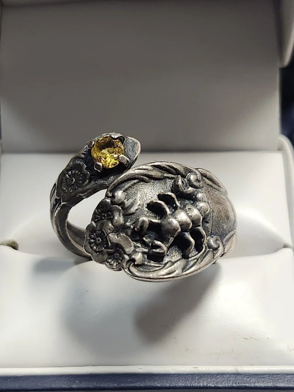 Rare BW Sterling Silver Vintage Scorpio Zodiac Spoon Ring Scorpion Yellow Topaz